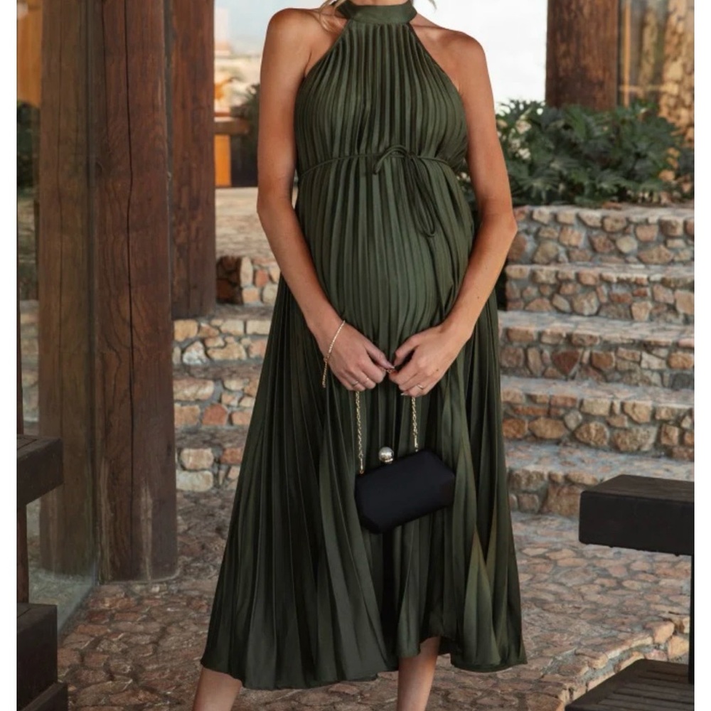 Olive Pleated Maternity Halter Dress